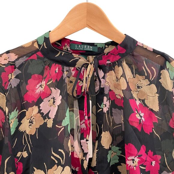 Lauren Ralph Lauren Floral Blouse Top Sheer Black Career Whimsygoth Womens 1X - Picture 4 of 15